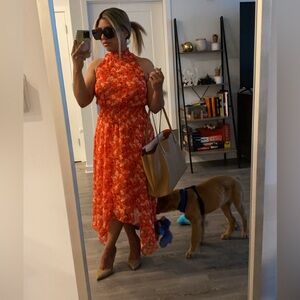 SAM Edelman Red Floral Halter Scarf Hem Midi Dress